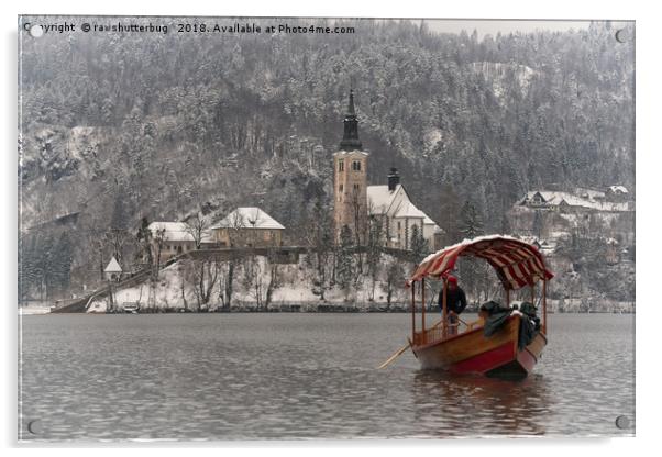 Red Pletna Boat Leaving Bled Island Acrylic by rawshutterbug 