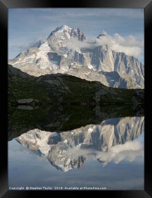 The Dru reflected in Lac des Cheserys Framed Print by Stephen Taylor