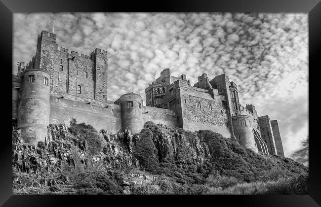 Bamburgh Castle view in Mono Framed Print by Naylor's Photography