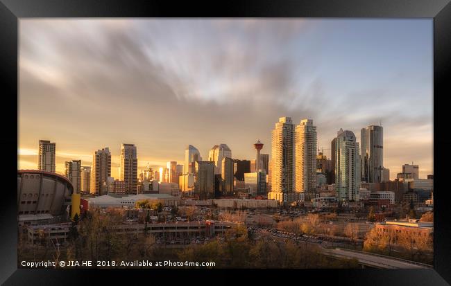 Calgary skyline at sunset Framed Print by JIA HE