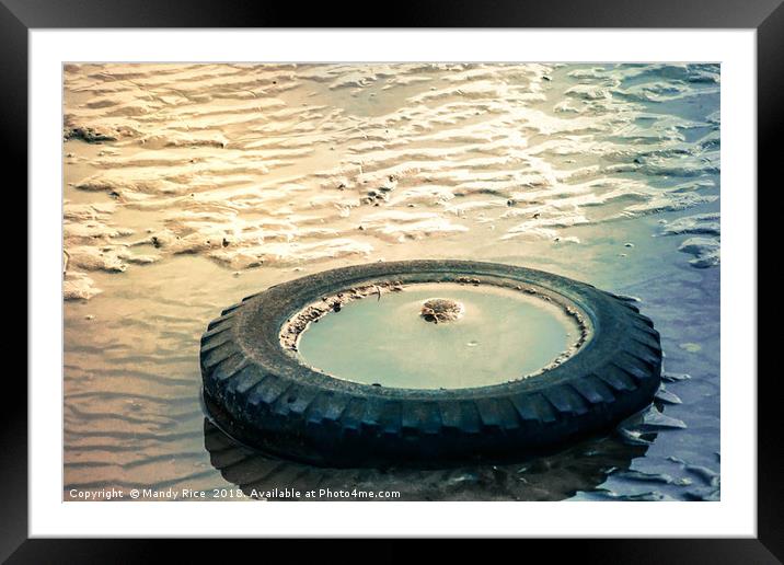 Car wheel on beach Framed Mounted Print by Mandy Rice