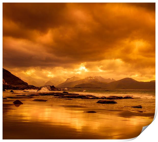 Sunset on a beach in Norway Print by Hamperium Photography