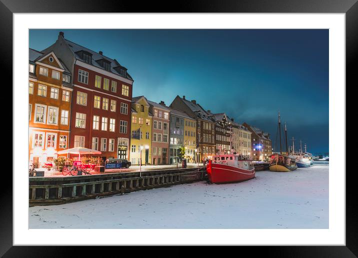 Frozen red ship in Nyhavn Copenhagen canal Framed Mounted Print by Dalius Baranauskas