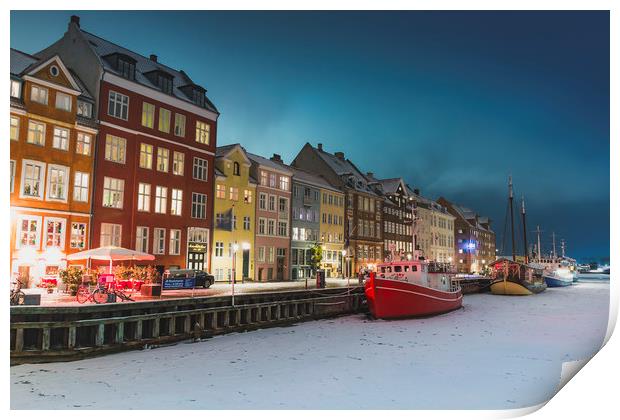 Frozen red ship in Nyhavn Copenhagen canal Print by Dalius Baranauskas