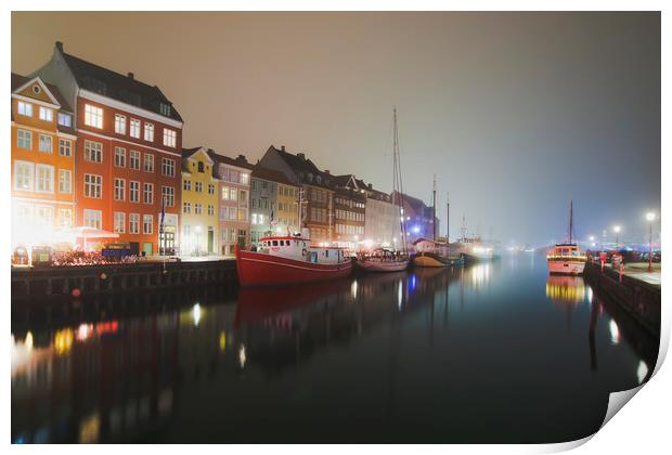 Foggy evening in Nyhavn canal Print by Dalius Baranauskas