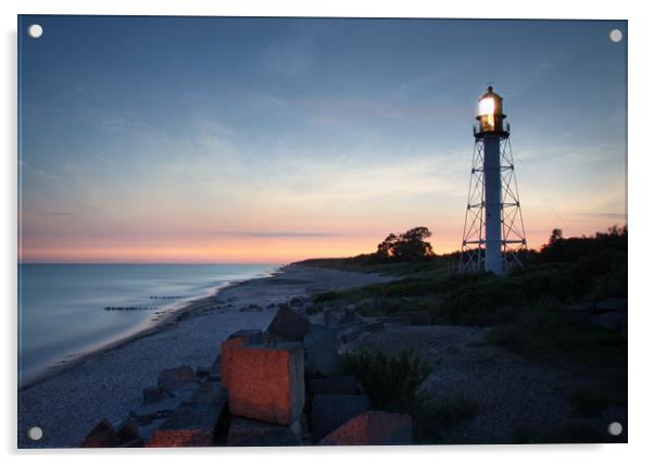 Pape's lighthouse in calm sunset Acrylic by Dalius Baranauskas