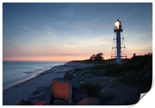 Pape's lighthouse in calm sunset Print by Dalius Baranauskas