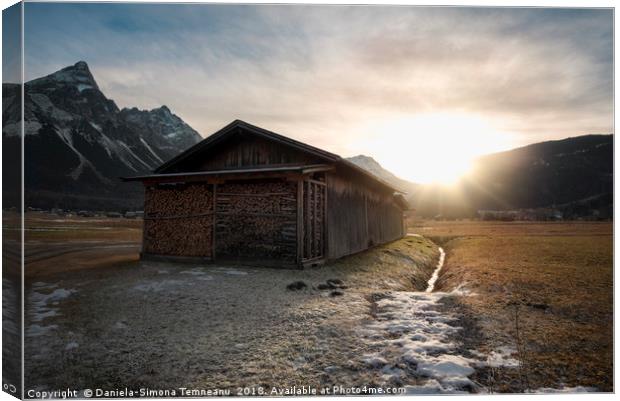 Barn with firewood at sunset in the Alps Canvas Print by Daniela Simona Temneanu