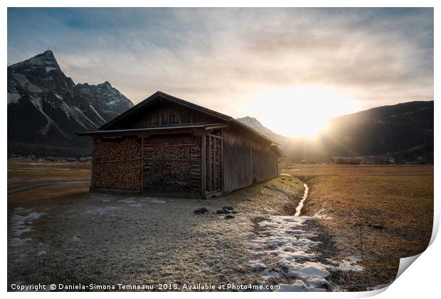 Barn with firewood at sunset in the Alps Print by Daniela Simona Temneanu