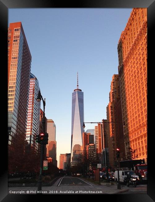 Freedom Tower At Sunset. Framed Print by Phil Wilson
