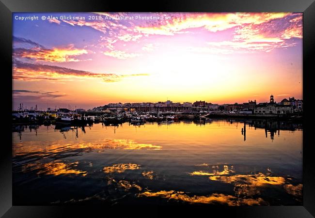 Sunset on the water in the harbour Framed Print by Alan Glicksman