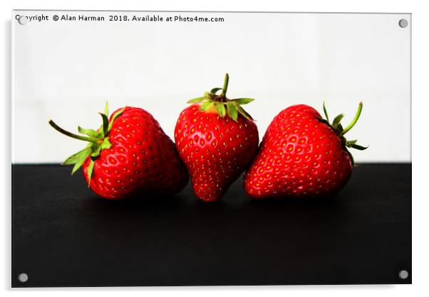 Strawberries On White Over Black Acrylic by Alan Harman