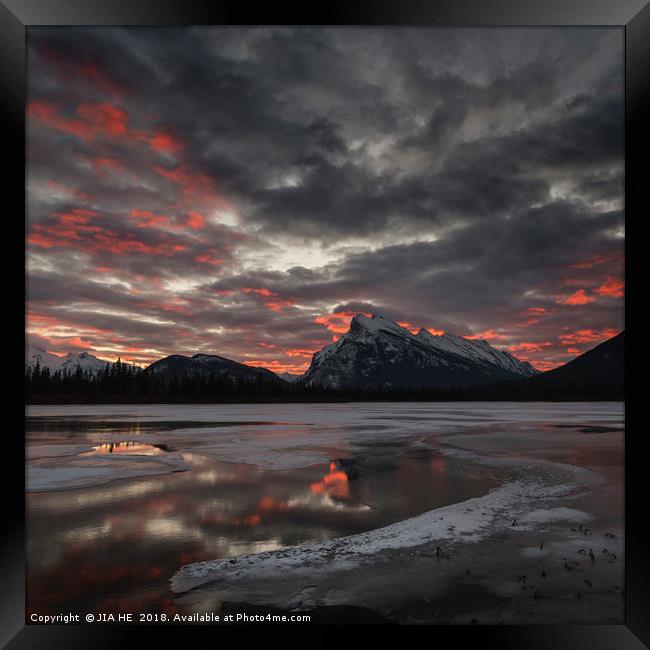 Vermilion lakes sunrise  Framed Print by JIA HE