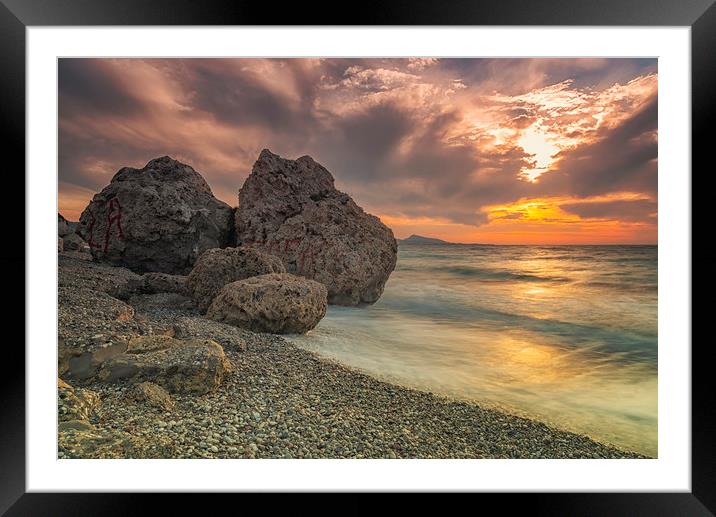 Rhodes Kato Petres Beach at Sunset Framed Mounted Print by Antony McAulay