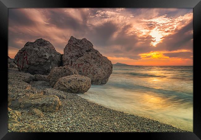 Rhodes Kato Petres Beach at Sunset Framed Print by Antony McAulay