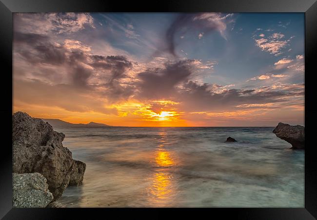 Rhodes Kato Petres Beach Glorious Sunset Framed Print by Antony McAulay