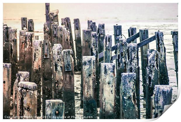 Broken weathered pier Print by Mandy Rice