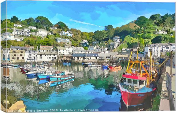 Colourful boats and houses at Polperro Harbour  Canvas Print by Rosie Spooner