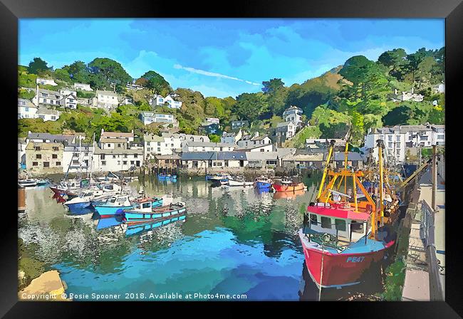 Colourful boats and houses at Polperro Harbour  Framed Print by Rosie Spooner