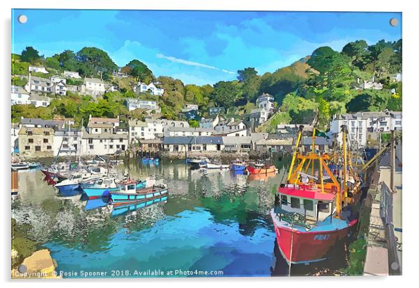 Colourful boats and houses at Polperro Harbour  Acrylic by Rosie Spooner