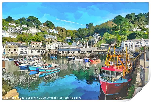 Colourful boats and houses at Polperro Harbour  Print by Rosie Spooner
