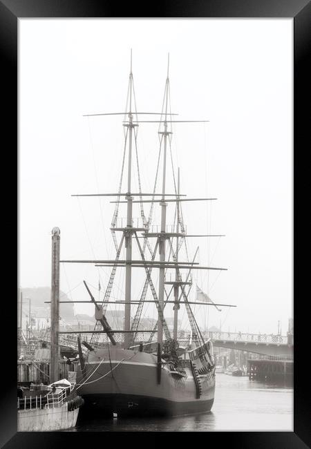 Whitby ship in mist Framed Print by John Hall