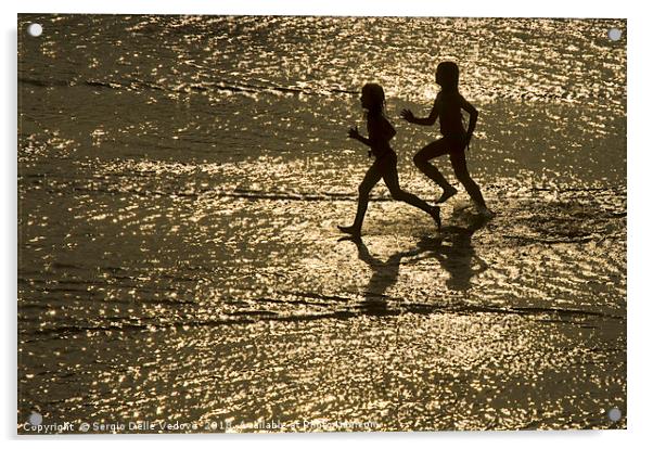 two children run by the sea Acrylic by Sergio Delle Vedove