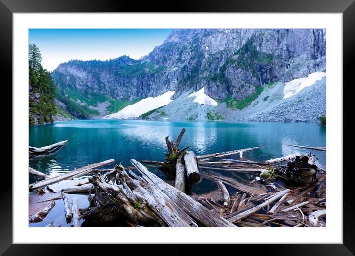 Log jam in front of glacier lake with mountains an Framed Mounted Print by Thomas Baker