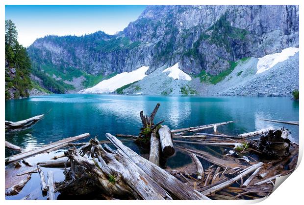 Log jam in front of glacier lake with mountains an Print by Thomas Baker