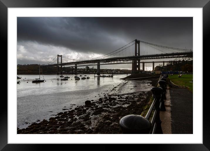 The Tamar Bridge over the Estuary at low tide. Framed Mounted Print by Maggie McCall