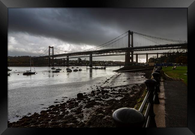 The Tamar Bridge over the Estuary at low tide. Framed Print by Maggie McCall