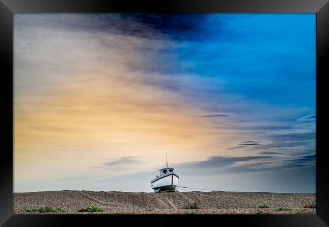 Tethered Boat on a painted sky Framed Print by Kia lydia