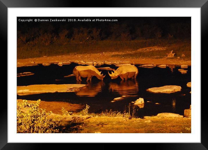Romantic rhinos taking a cool evening dip Framed Mounted Print by Damien Zasikowski