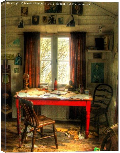 Dylans Desk in The Writing Shed Canvas Print by Martin Chambers