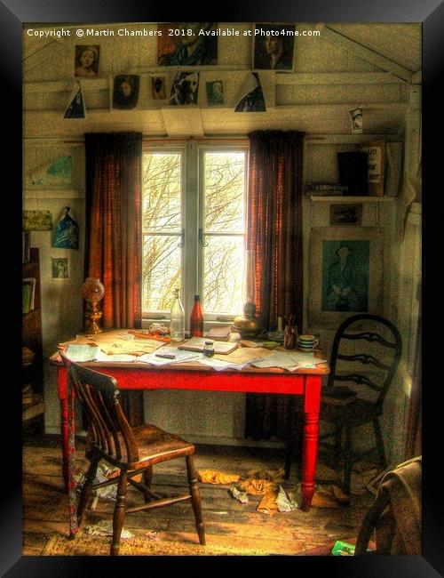 Dylans Desk in The Writing Shed Framed Print by Martin Chambers