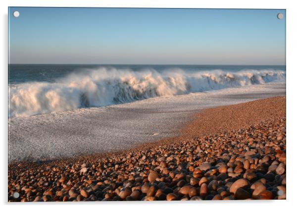 Pebbles, waves, sky. Acrylic by David Neighbour