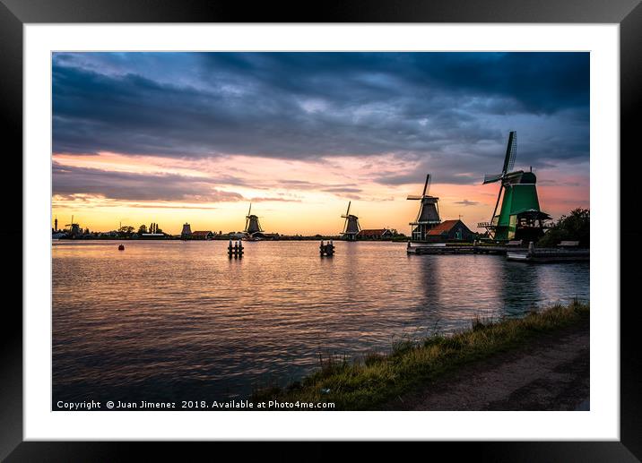 Sunset at windmills in Zaanse Schans Framed Mounted Print by Juan Jimenez