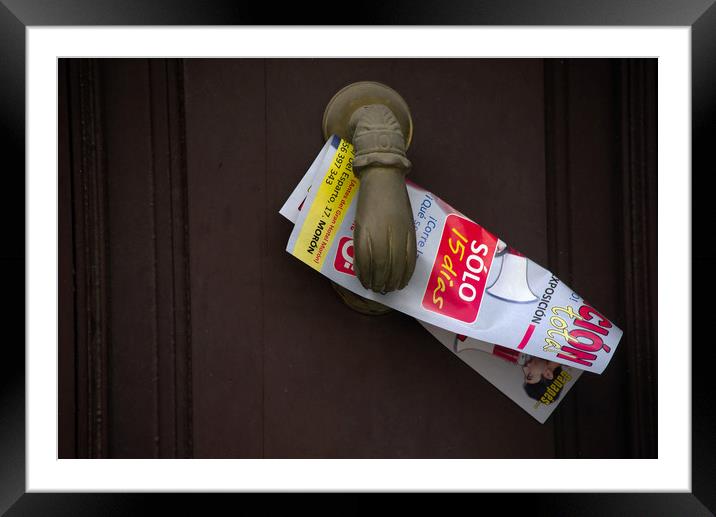 Door knocker with advertising paper Framed Mounted Print by Jose Manuel Espigares Garc