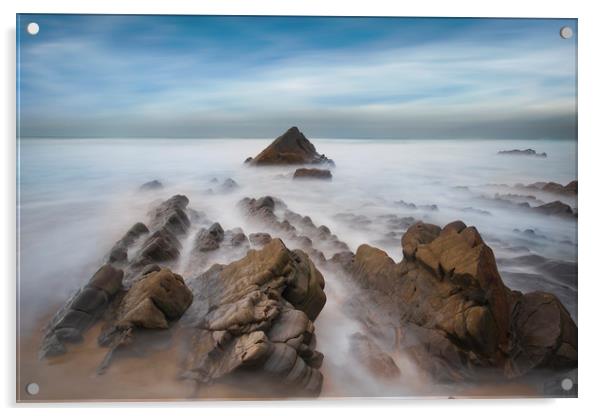 jagged rocks and smooth sea's at Sandymouth beach Acrylic by Eddie John