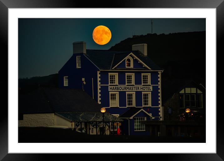 full moon over the harbor Aberaeron Framed Mounted Print by Andrew chittock