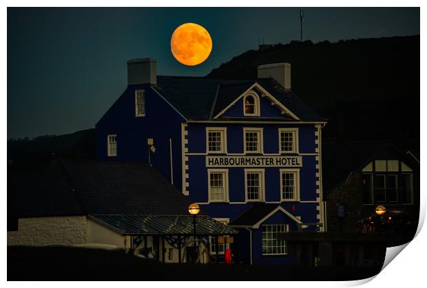 full moon over the harbor Aberaeron Print by Andrew chittock