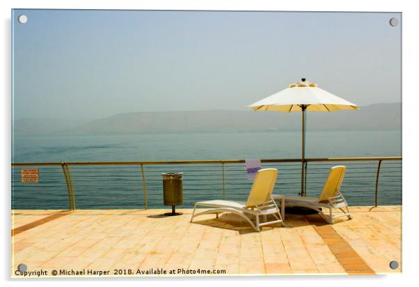 Sun beds and Brolly on the shores of Galilee Acrylic by Michael Harper