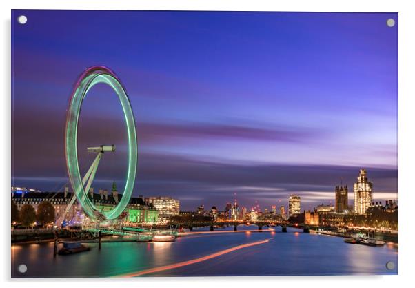 London at dusk with the London Eye, Westminster an Acrylic by John Finney