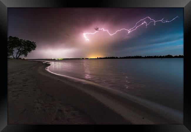 Lake McConaughy lightning, Nebraska Framed Print by John Finney