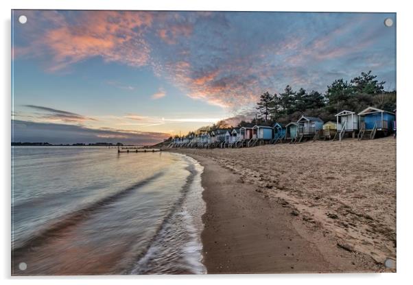 Beach huts at sunrise on beautiful Wells beach Acrylic by Gary Pearson