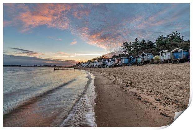 Beach huts at sunrise on beautiful Wells beach Print by Gary Pearson