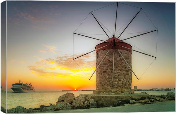 Rhodes Windmill and Cruise Ship at Sunrise Canvas Print by Antony McAulay