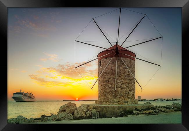 Rhodes Windmill and Cruise Ship at Sunrise Framed Print by Antony McAulay