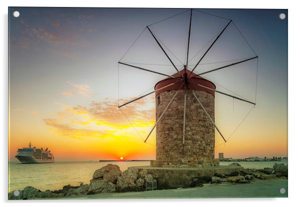 Rhodes Windmill and Cruise Ship at Sunrise Acrylic by Antony McAulay