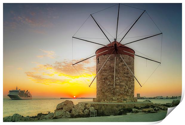 Rhodes Windmill and Cruise Ship at Sunrise Print by Antony McAulay